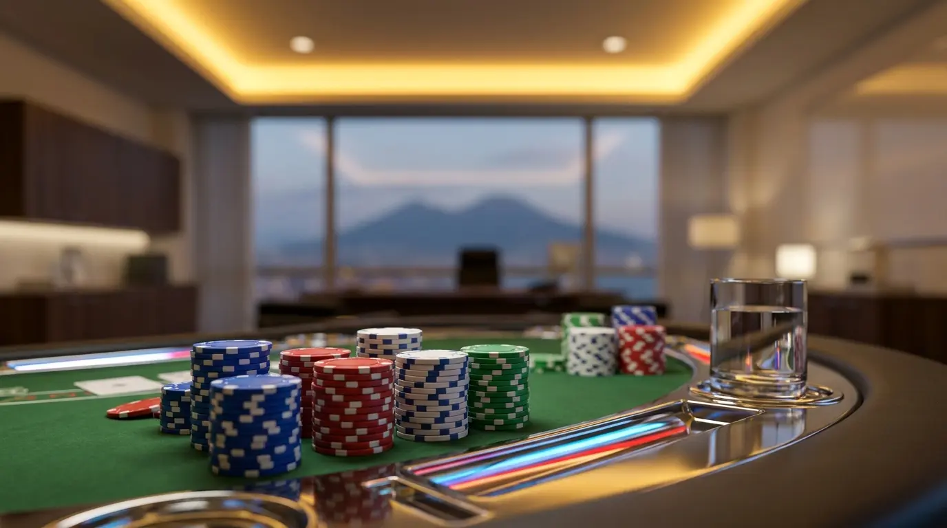 Fiches da poker con colori italiani e vista del Vesuvio