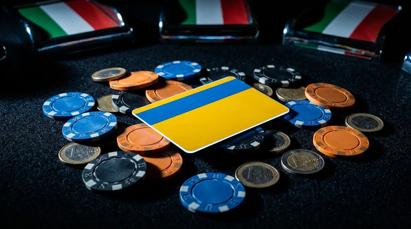 Carta di pagamento con fiches da poker e monete euro