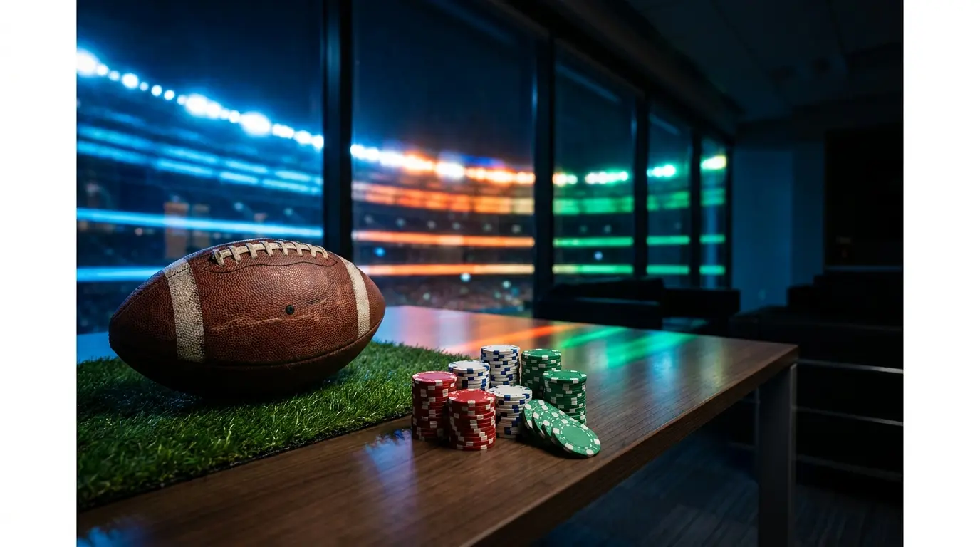 Pallone da calcio e fiches da gioco con illuminazione da stadio