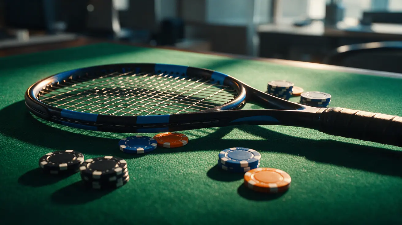 Racchetta da tennis con fiches su tavolo da gioco verde