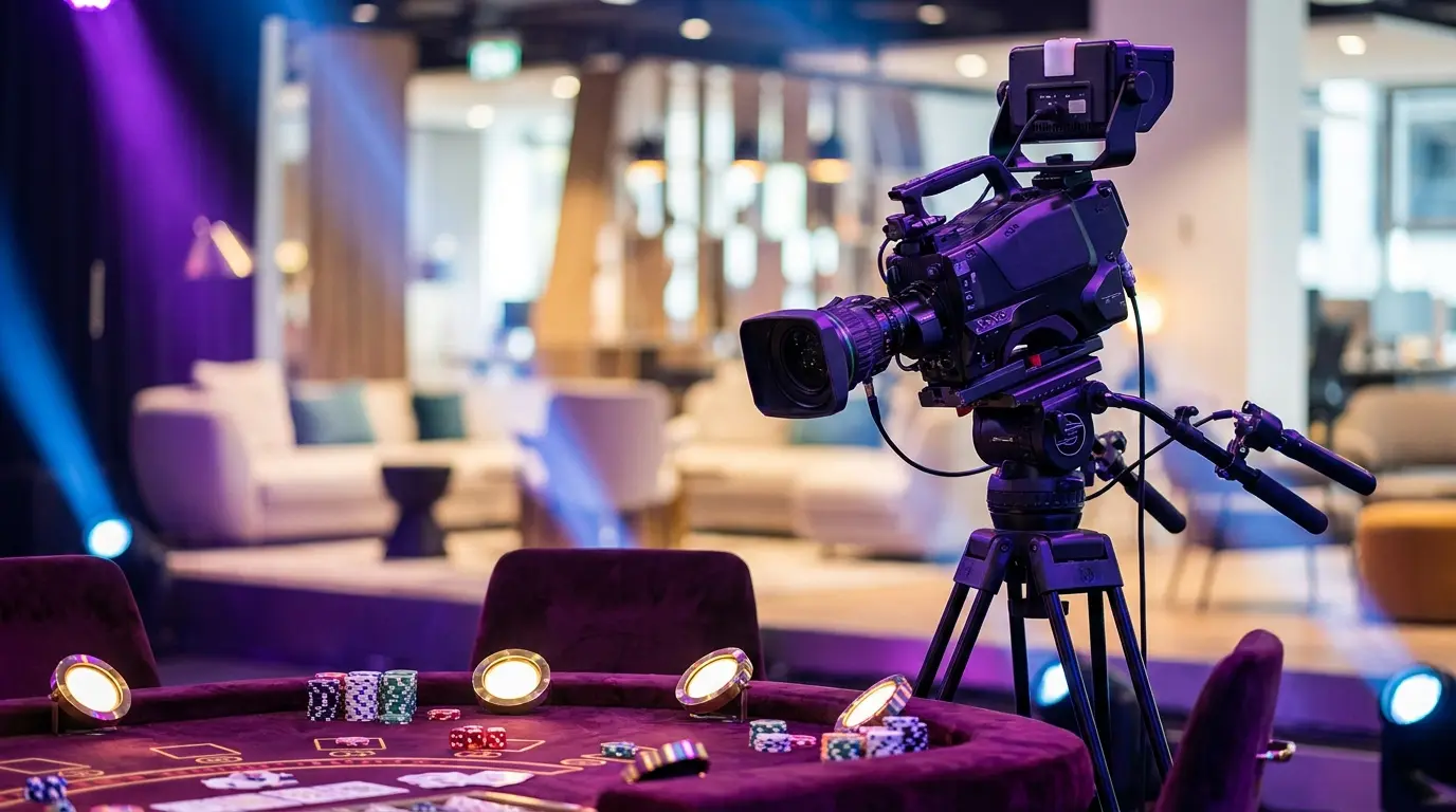 Camera da studio rivolta verso set reality show con chip da gioco
