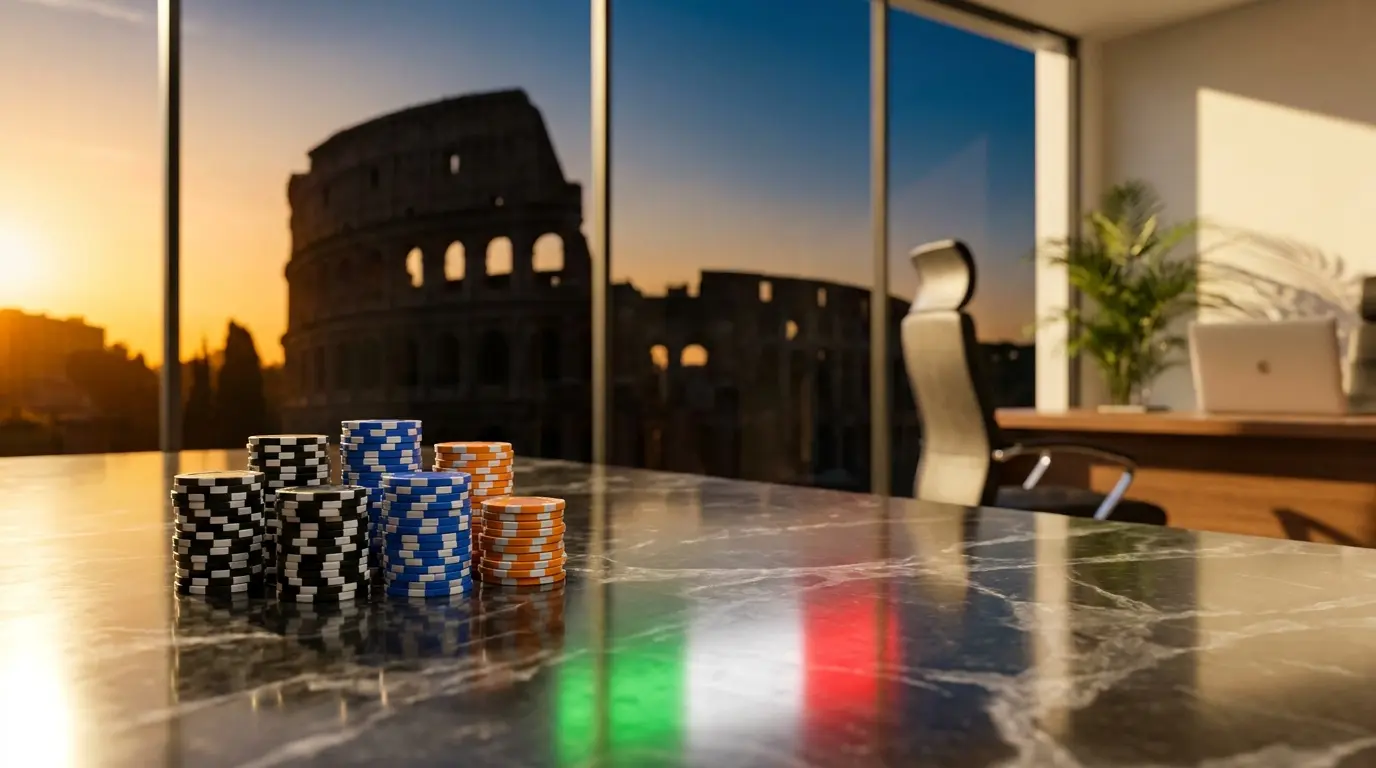 Colosseo romano con fiches da poker e colori della bandiera italiana