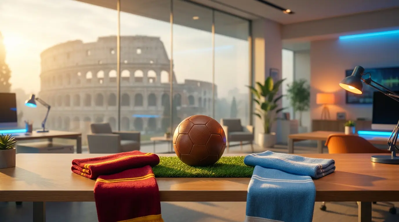 Pallone e sciarpe della Roma e Lazio con il Colosseo sullo sfondo