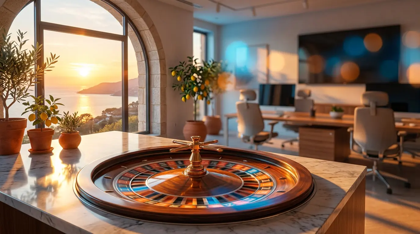 Roulette con ambientazione mediterranea e tramonto costiero