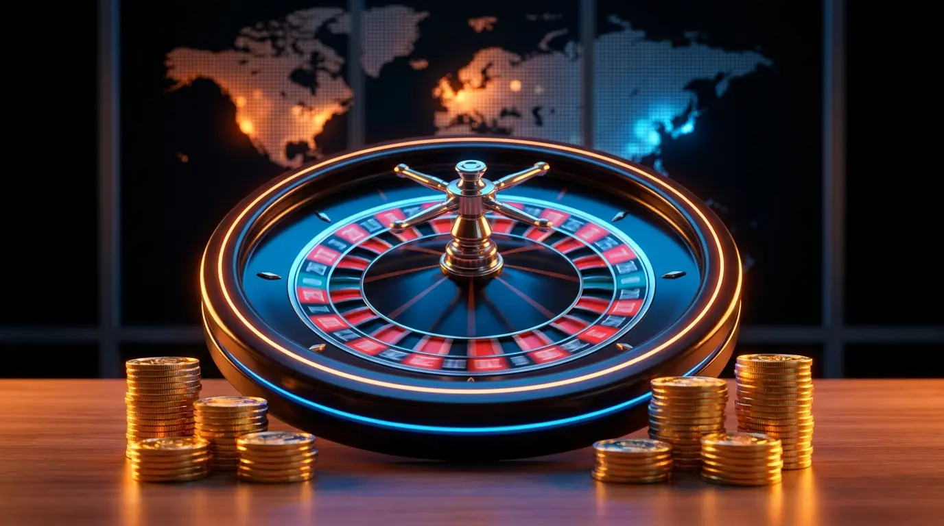 Roulette in movimento con monete dorate e mappa mondiale