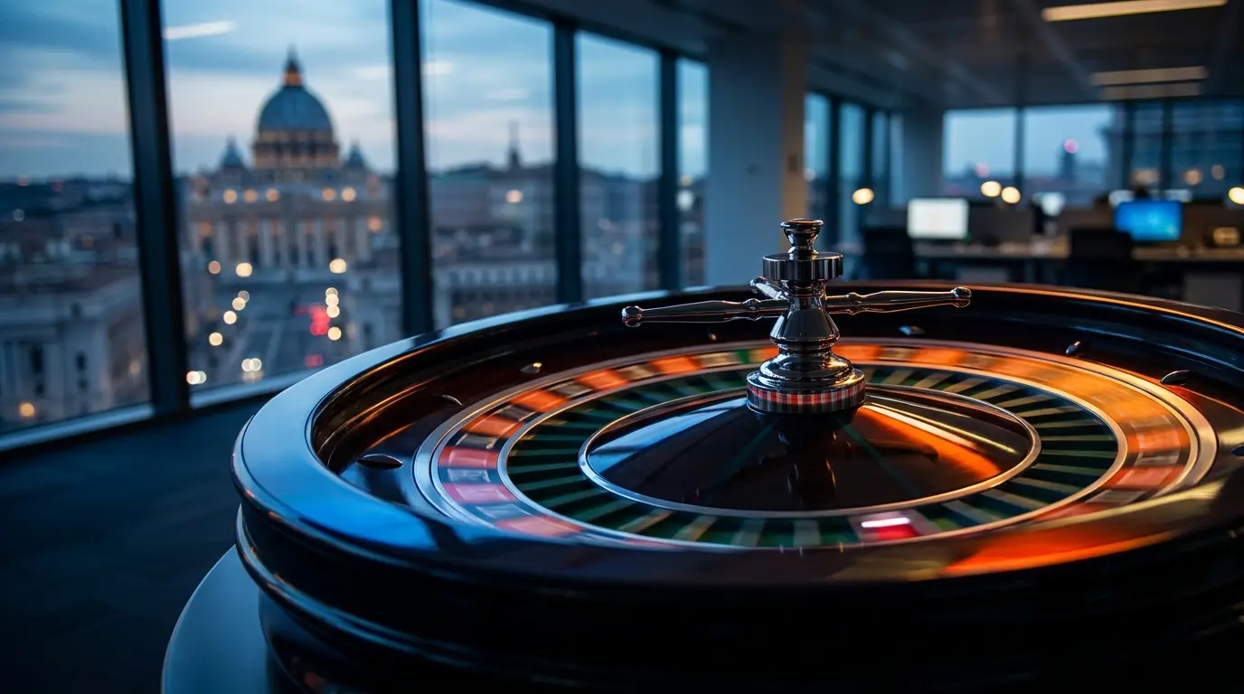 Roulette in movimento con skyline di Roma sullo sfondo
