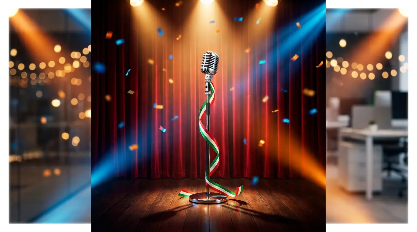 Microfono vintage sul palco con luci teatrali e coriandoli