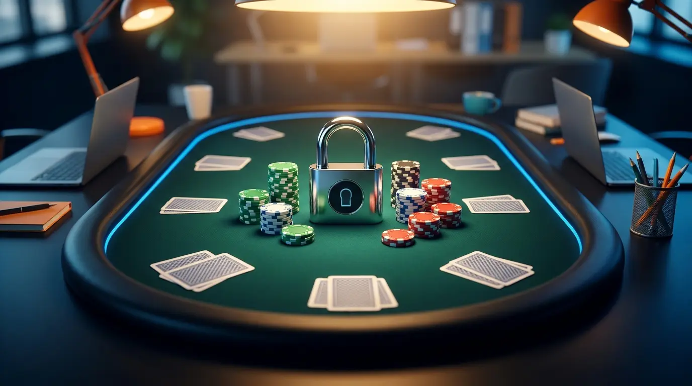 Fiches da poker e lucchetto su tavolo da gioco sicuro
