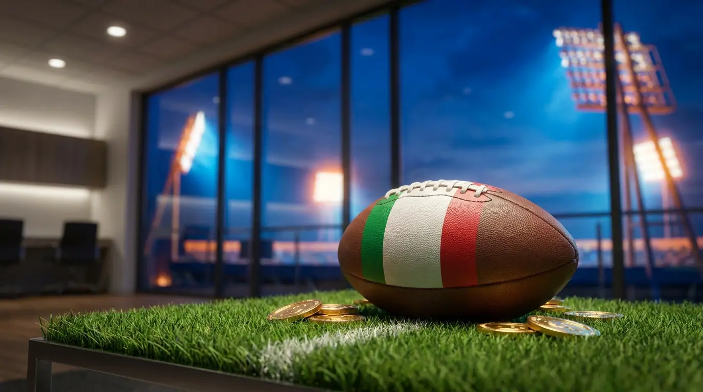 Pallone da calcio con colori italiani e monete dorate su campo
