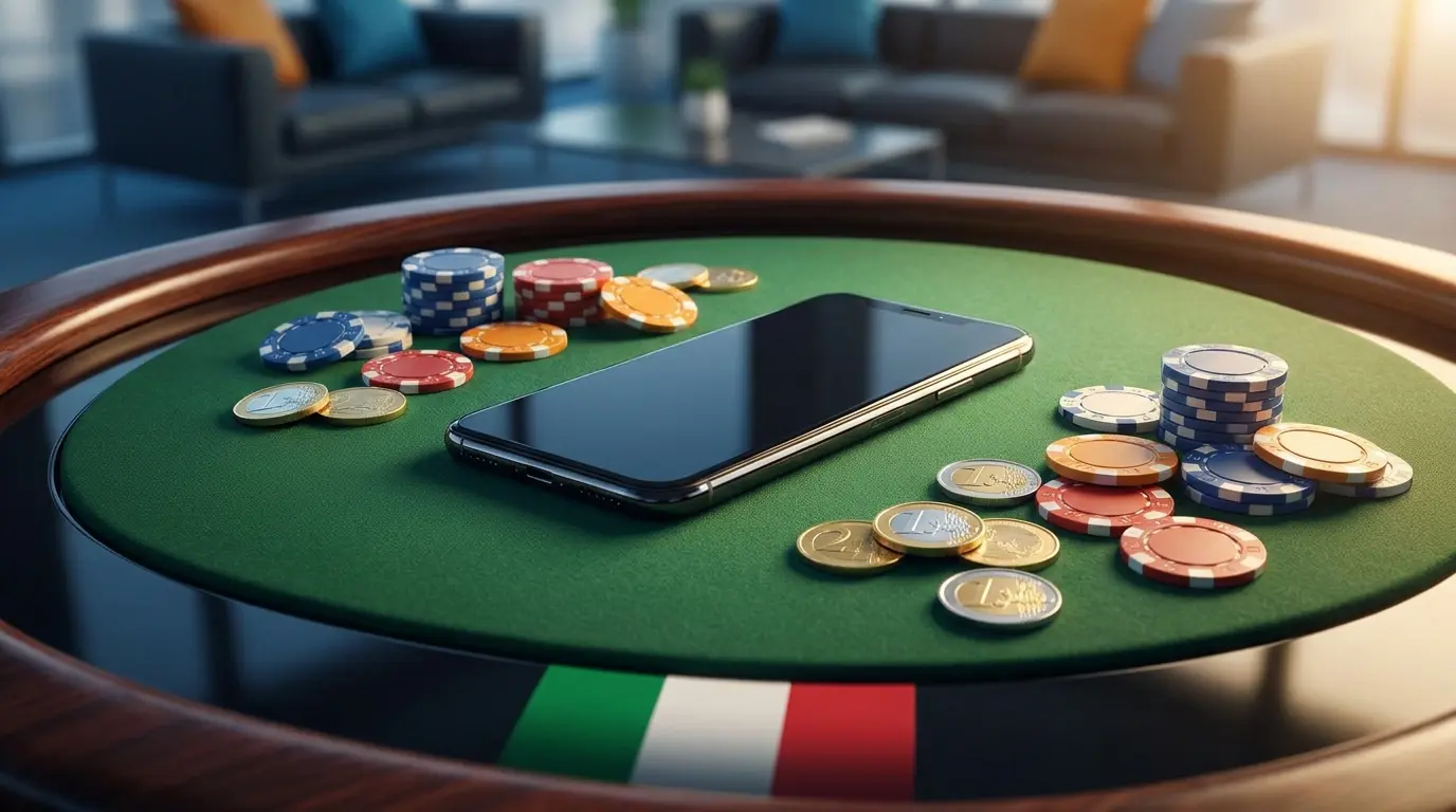 Smartphone con chip da poker e monete euro su tavolo verde