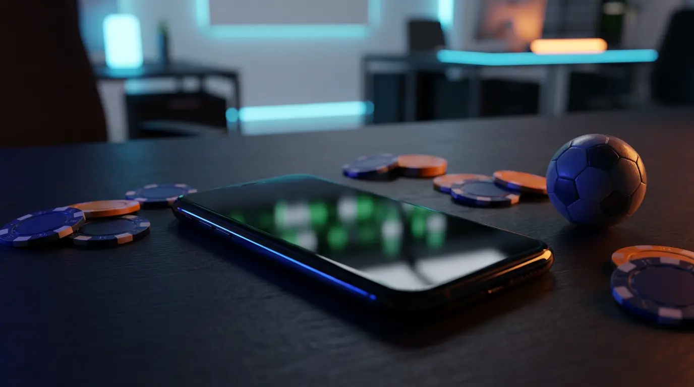 Smartphone circondato da chip da poker e pallone da calcio