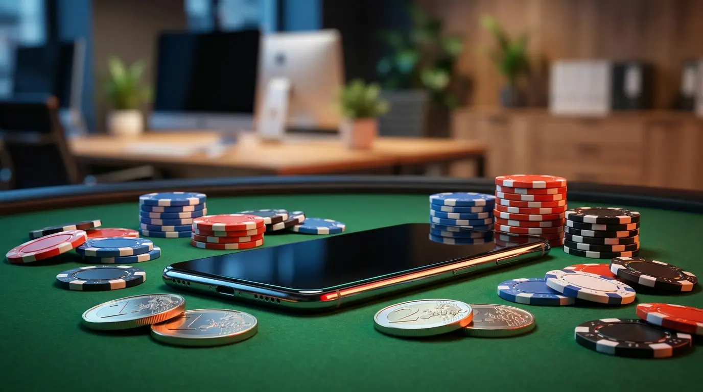Smartphone con fiches da casinò e monete euro su feltro verde