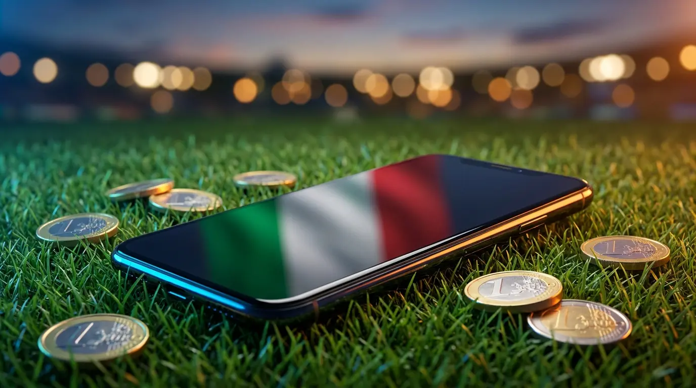 Smartphone e monete su campo da calcio con luci stadio