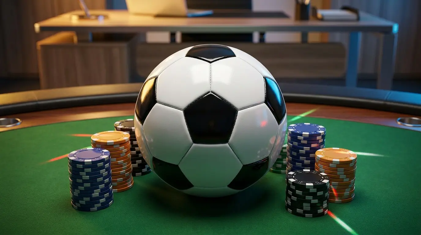 Pallone da calcio e fiches da casino su feltro verde