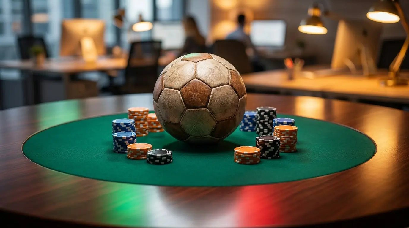 Pallone da calcio e fiches da poker su tavolo verde