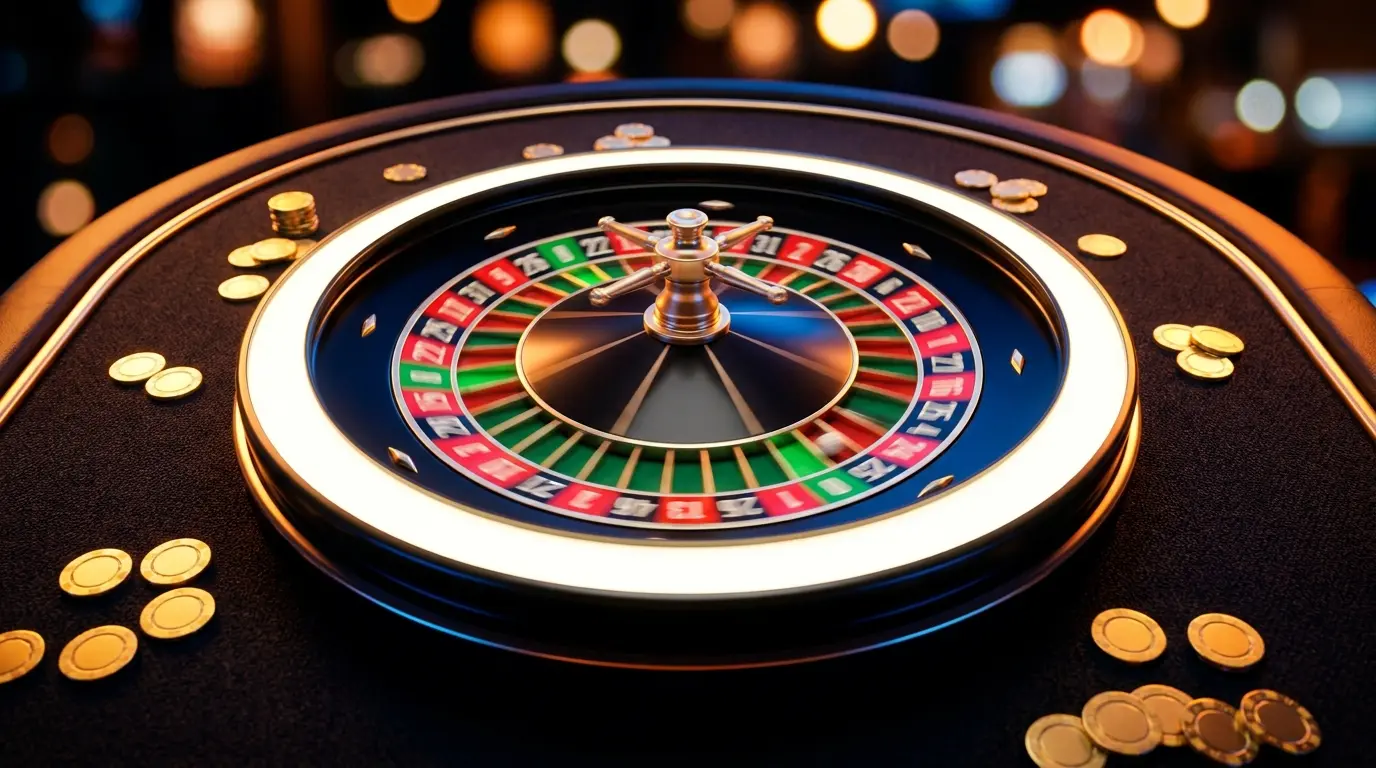 Roulette in movimento con fiches dorate e luci sfocate