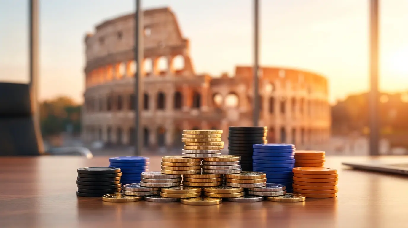 Fiches e monete impilate con Colosseo sullo sfondo