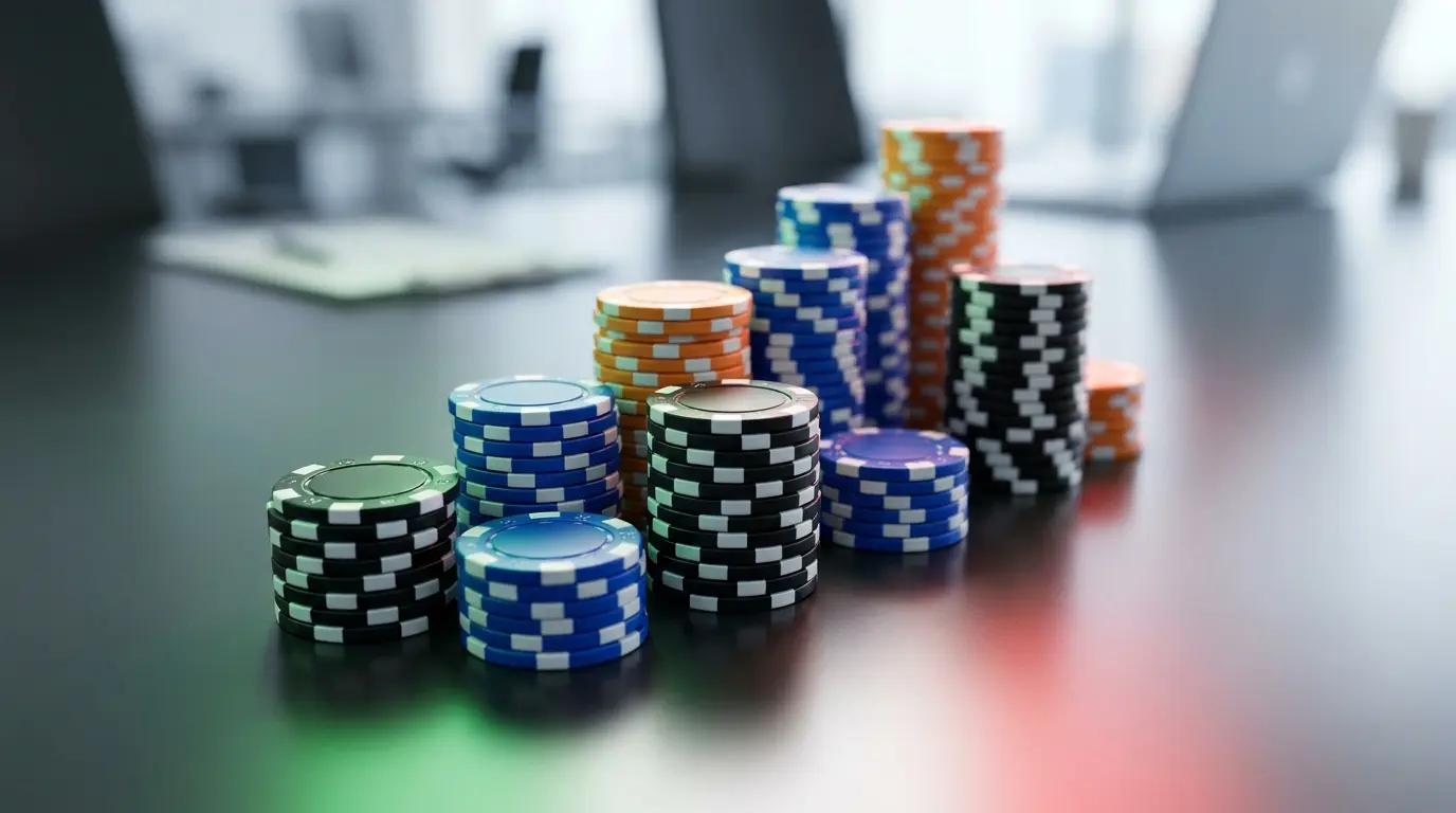 Pile di fiches da casinò disposte a confronto con luci tricolori