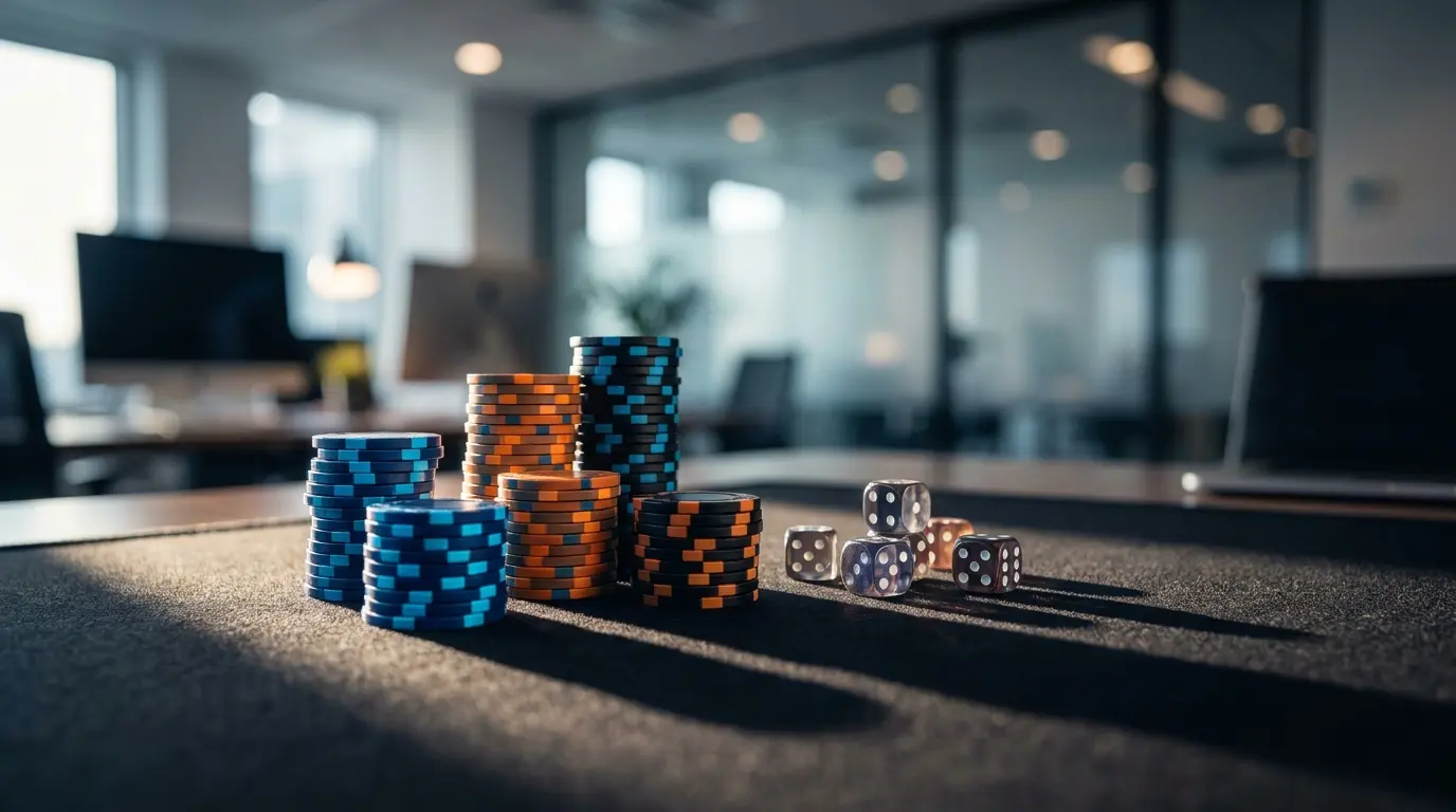 Fiches da gioco impilate con dadi su tavolo