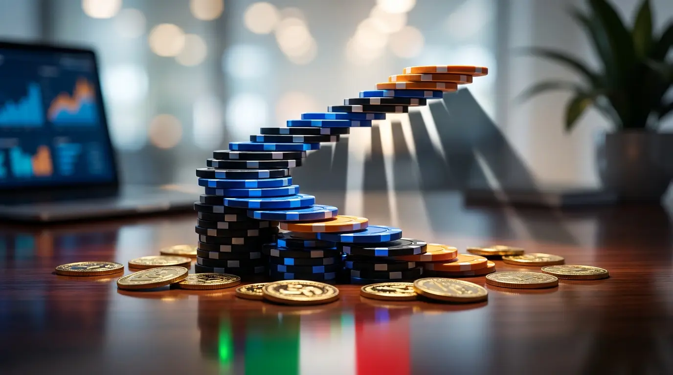 Fiches da casinò impilate con monete dorate e colori italiani