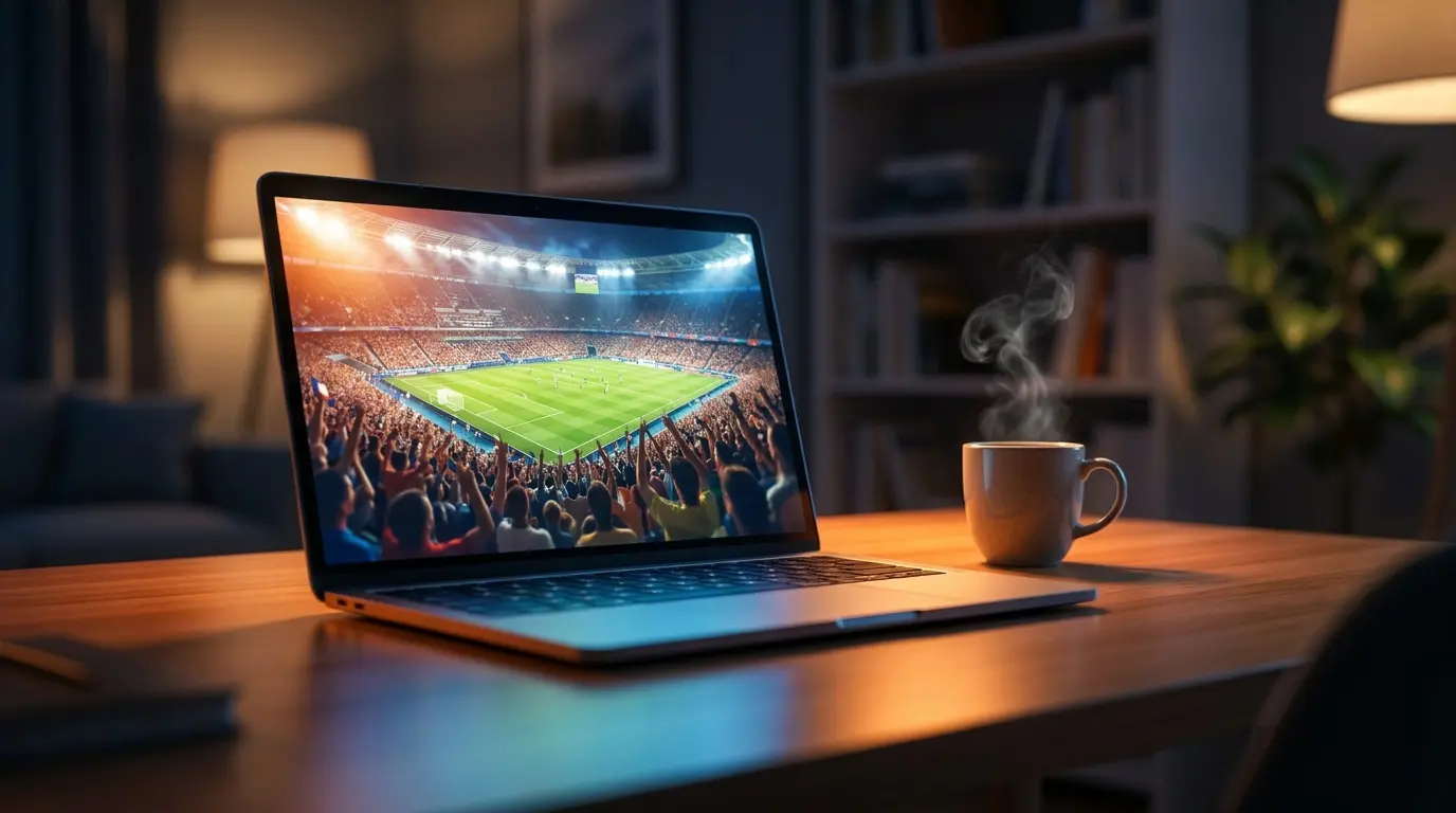 Laptop che mostra streaming di partita di calcio su scrivania