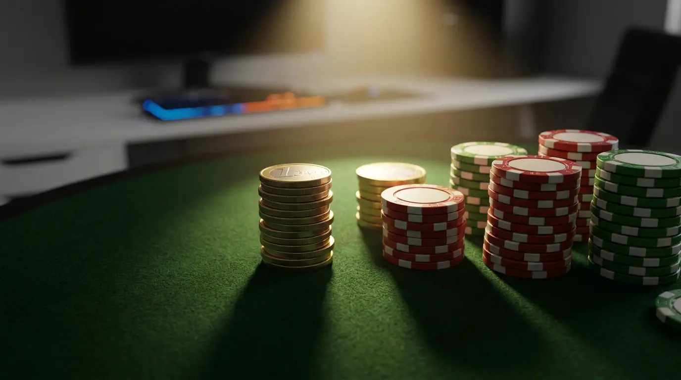 Monete da dieci euro e fiches da poker su tavolo verde