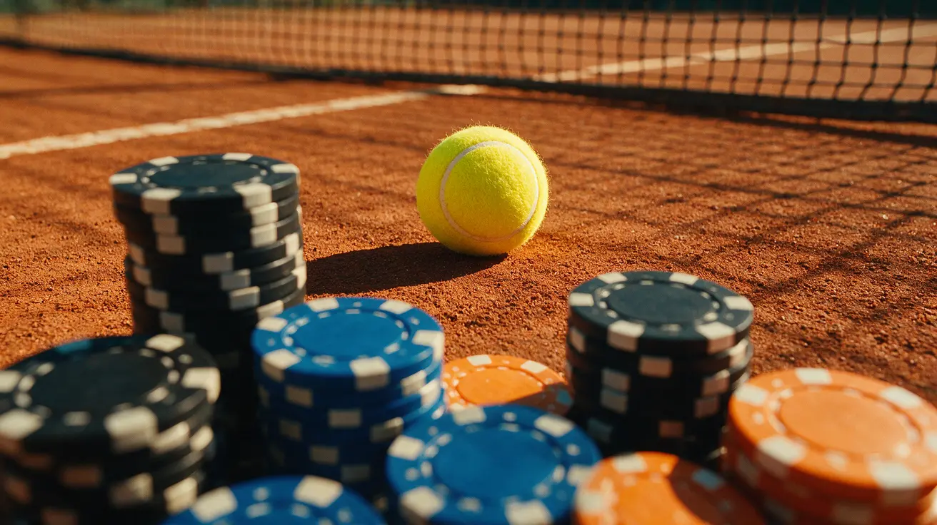 Pallina da tennis e fiches da gioco su campo in terra rossa