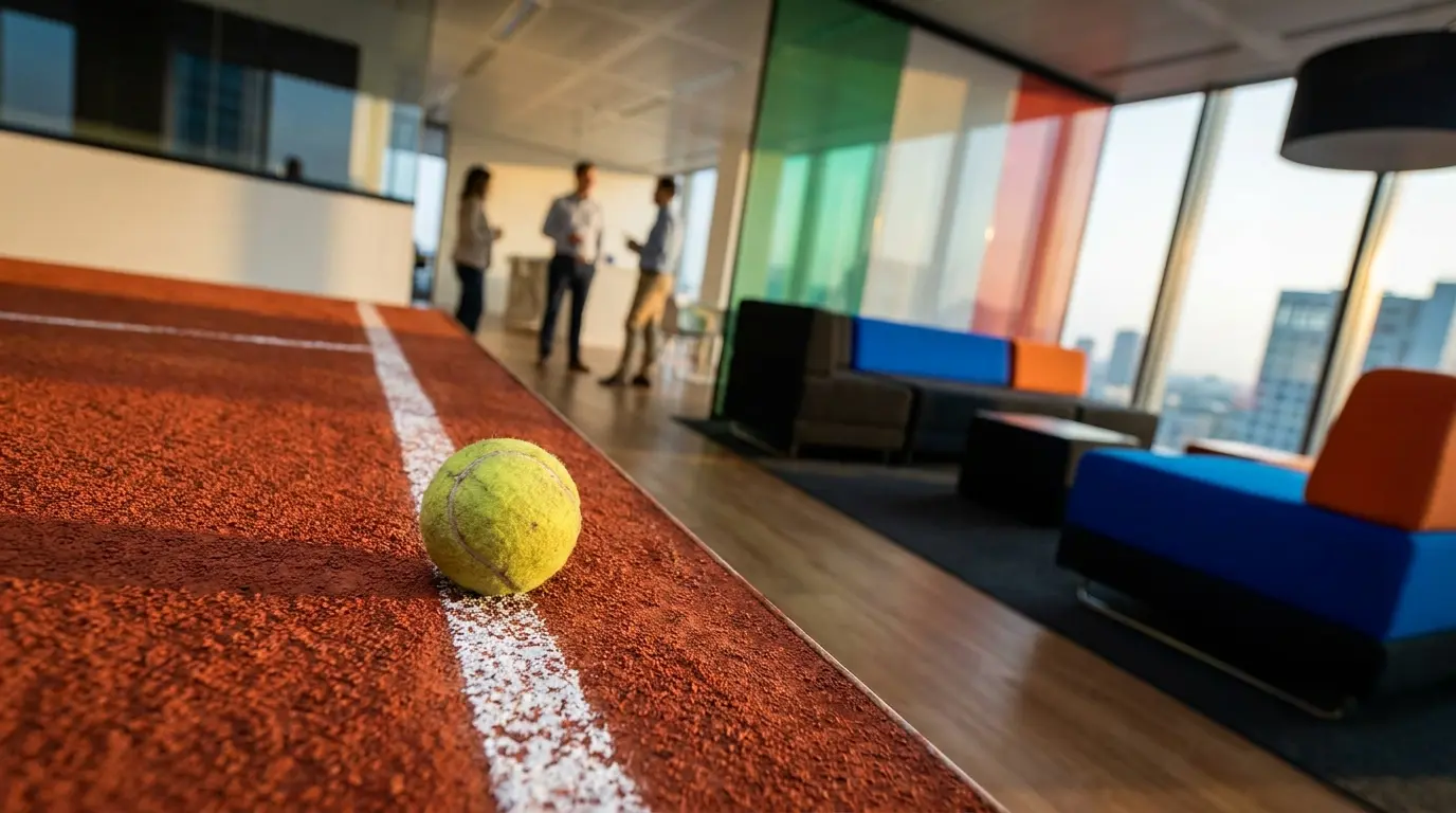 Pallina da tennis su campo in terra rossa con illuminazione serale