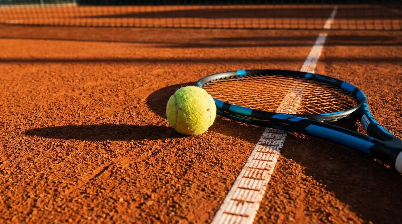 Pallina da tennis e racchetta su campo in terra rossa