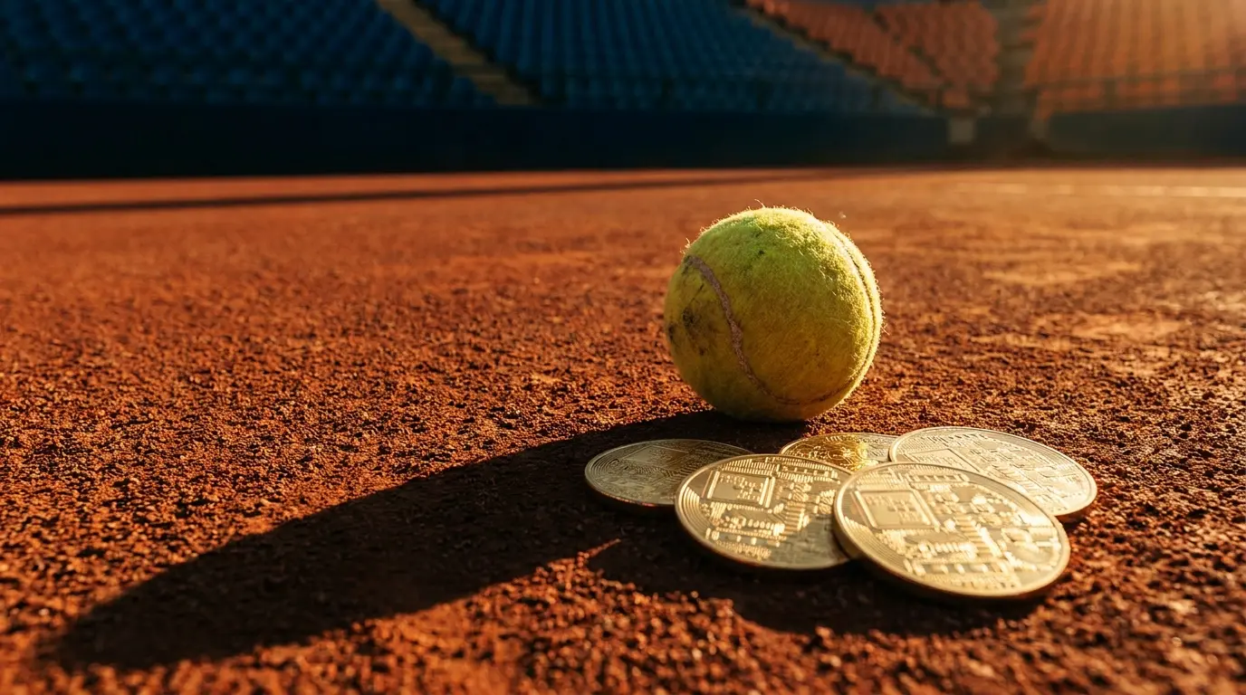 Pallina da tennis con monete cripto su campo in terra rossa