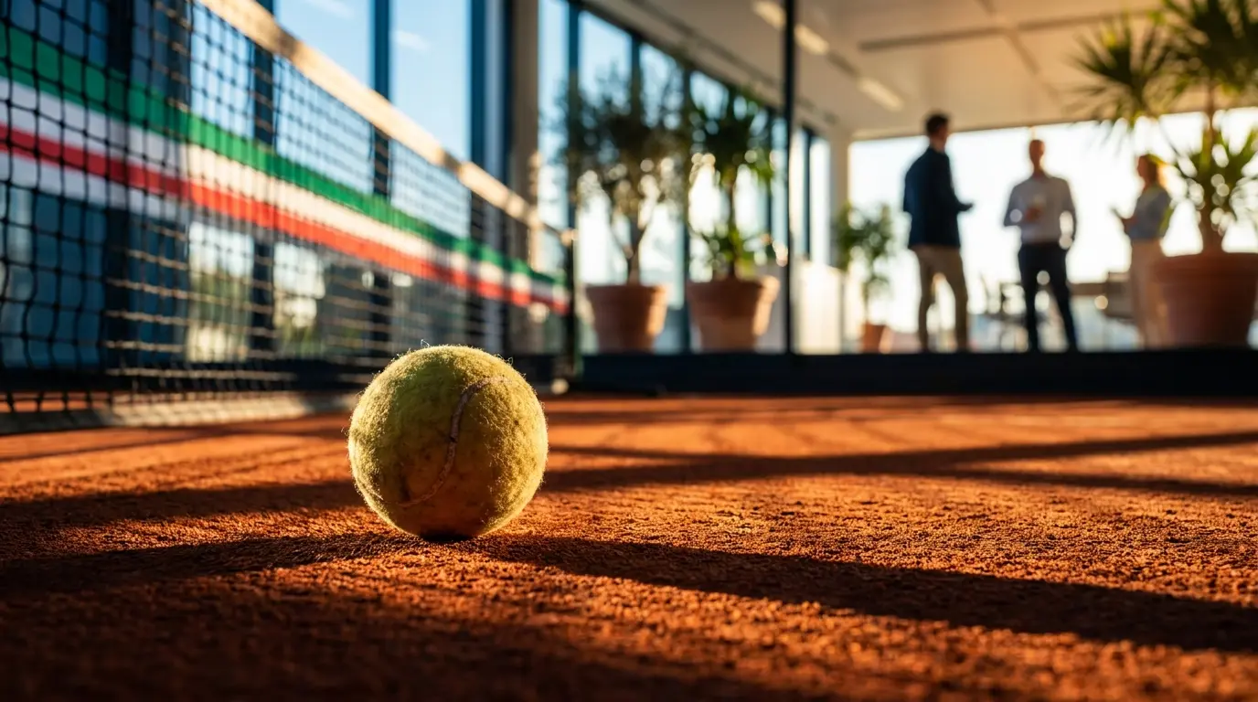 Pallina da tennis su campo in terra rossa con colori italiani