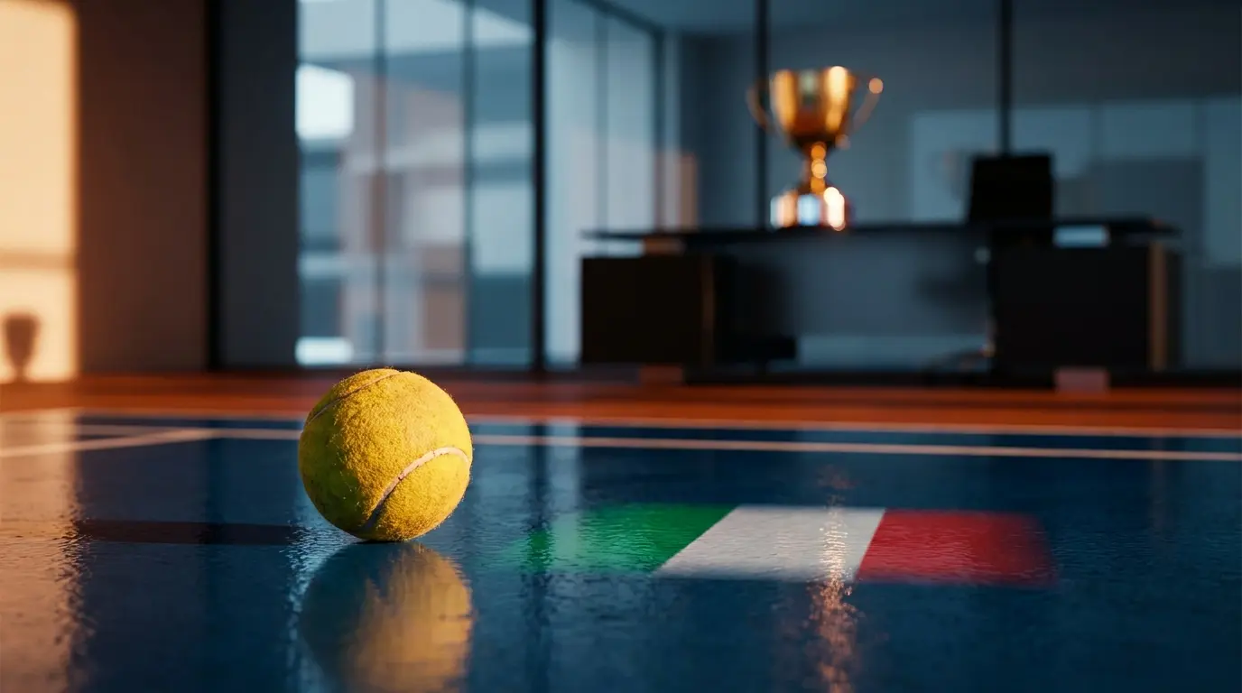 Palla da tennis su campo blu con trofeo sullo sfondo