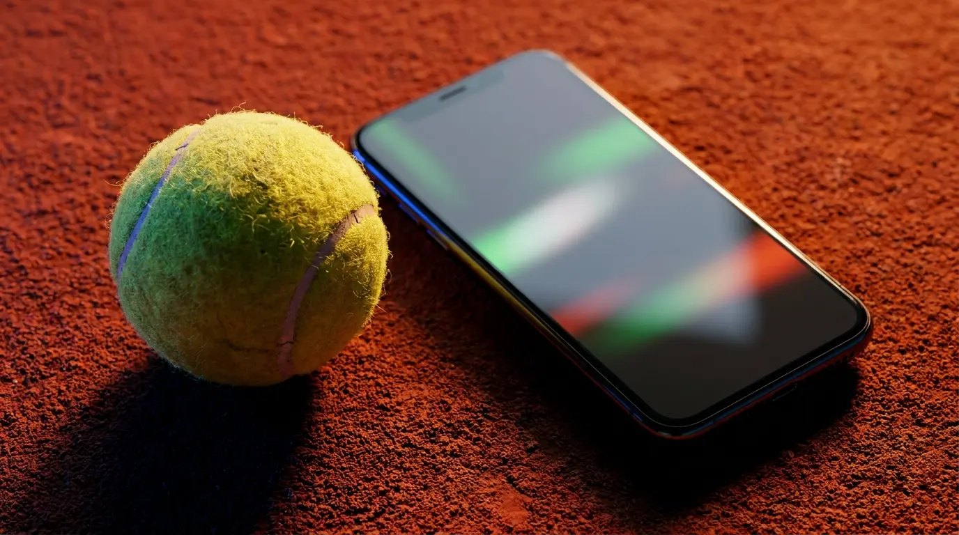 Pallina da tennis e smartphone su campo in terra rossa