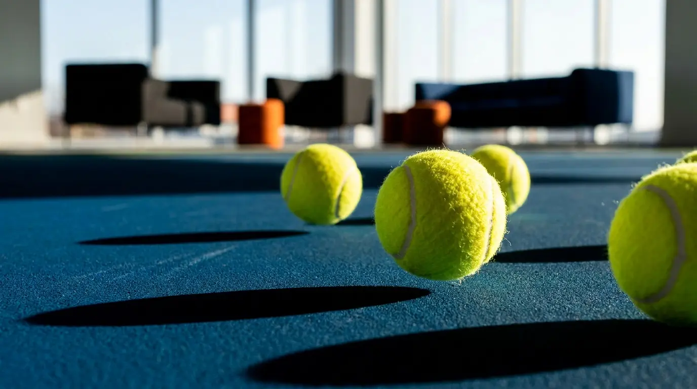 Palline da tennis su campo blu professionale