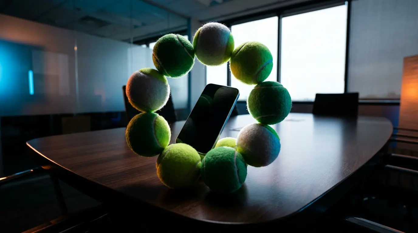 Palline da tennis disposte attorno a uno smartphone