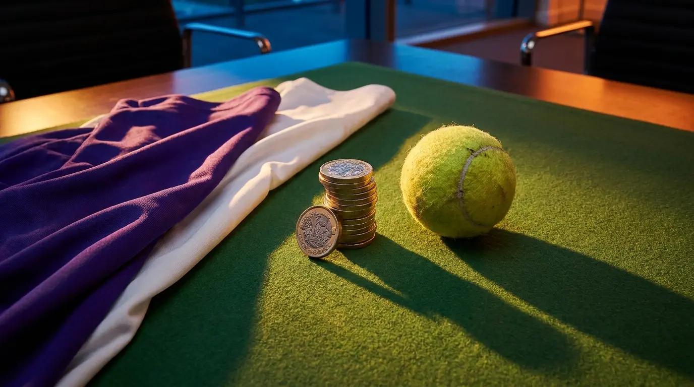 Monete sterline e pallina da tennis su superficie verde