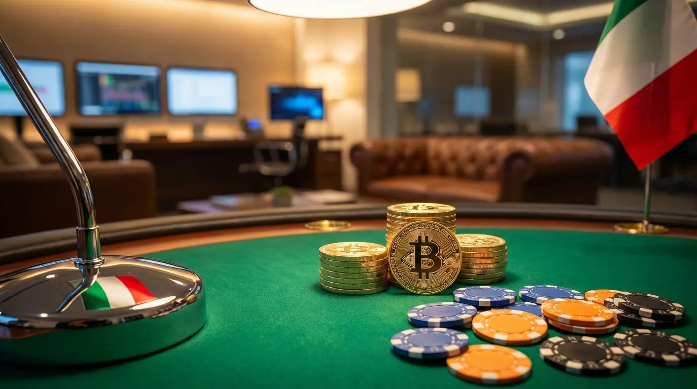 Monete cripto dorate su tavolo da gioco con colori italiani