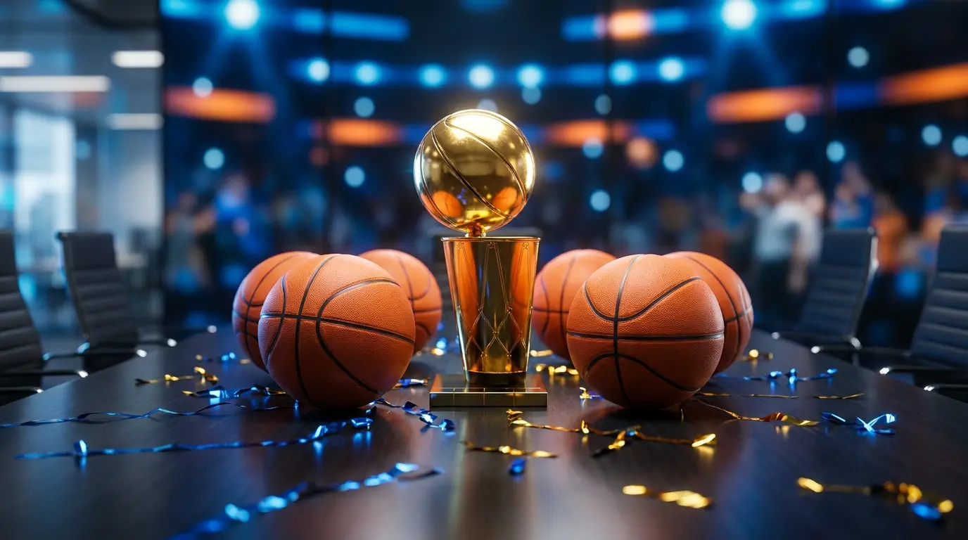Trofeo dorato circondato da palloni da basket