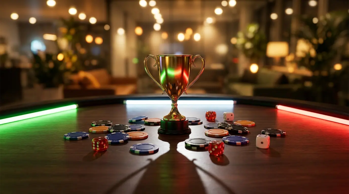 Trofeo dorato circondato da fiches e dadi da casinò