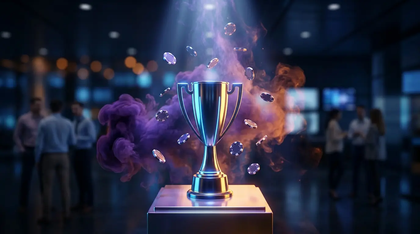Trofeo campionato con fiches da poker e illuminazione drammatica