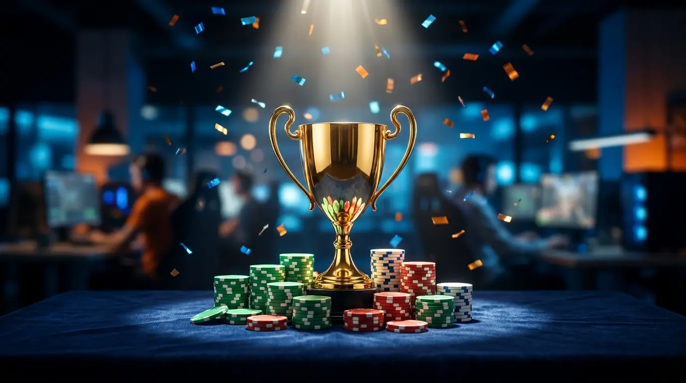 Trofeo dorato circondato da fiches nei colori italiani