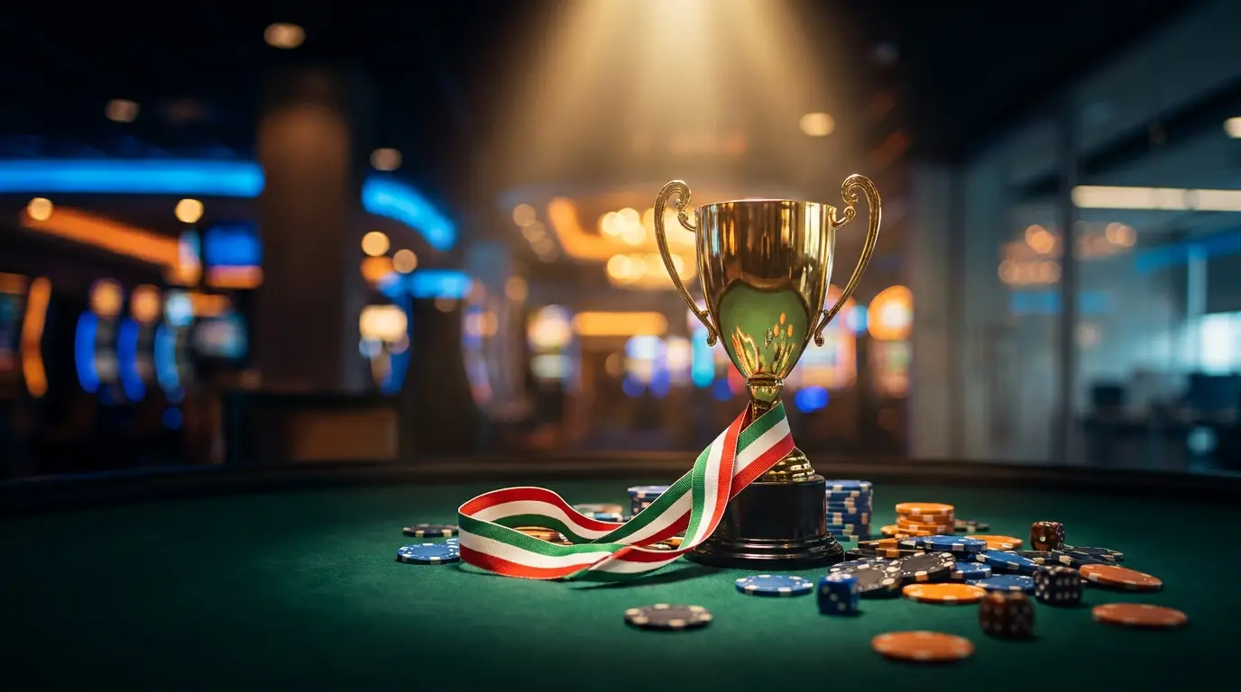 Trofeo dorato con fiches da gioco e nastro tricolore