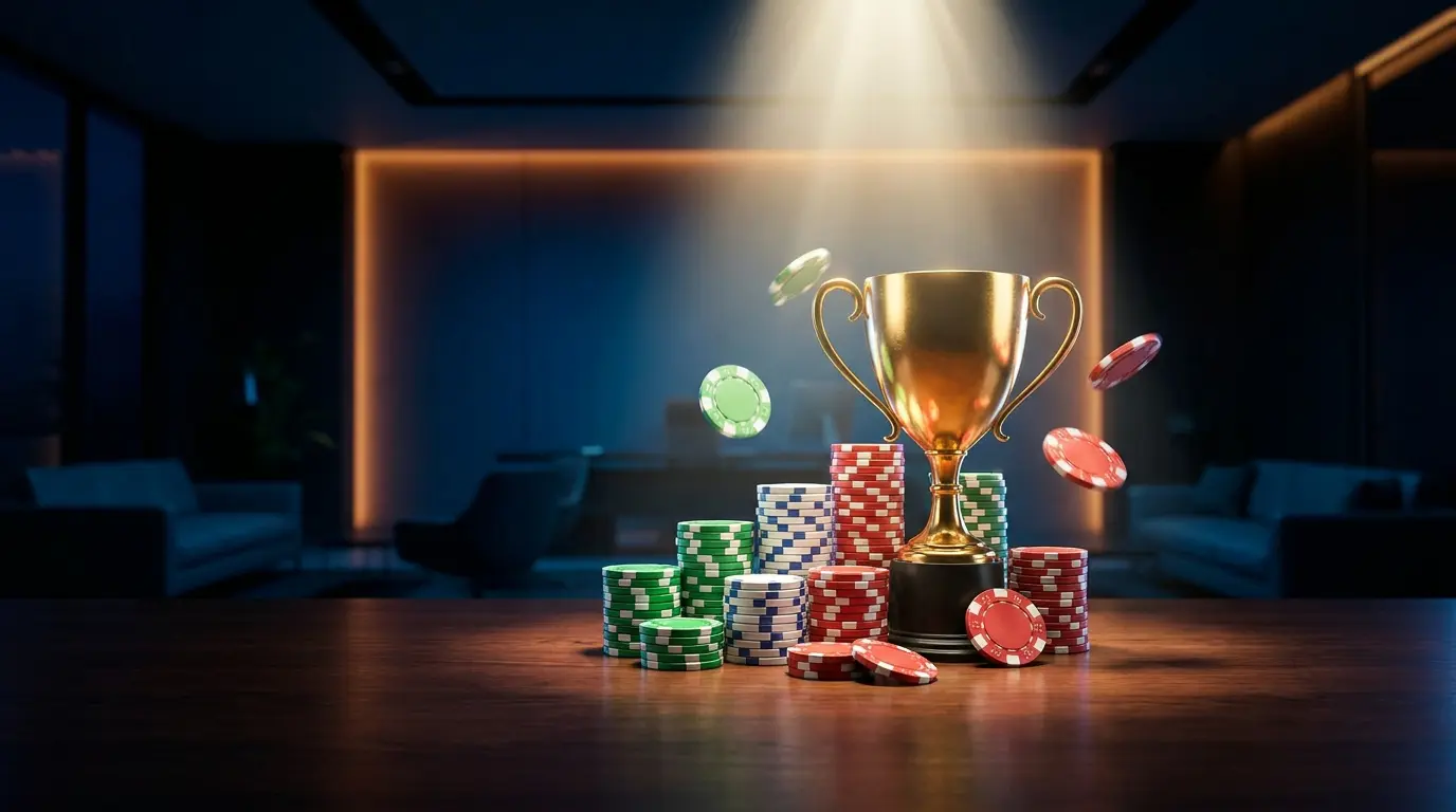 Trofeo dorato circondato da fiches con accenti tricolori italiani