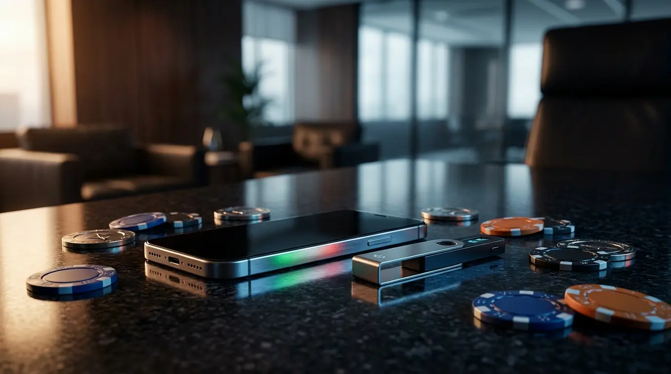 Dispositivo wallet crypto con chip da casinò e colori italiani