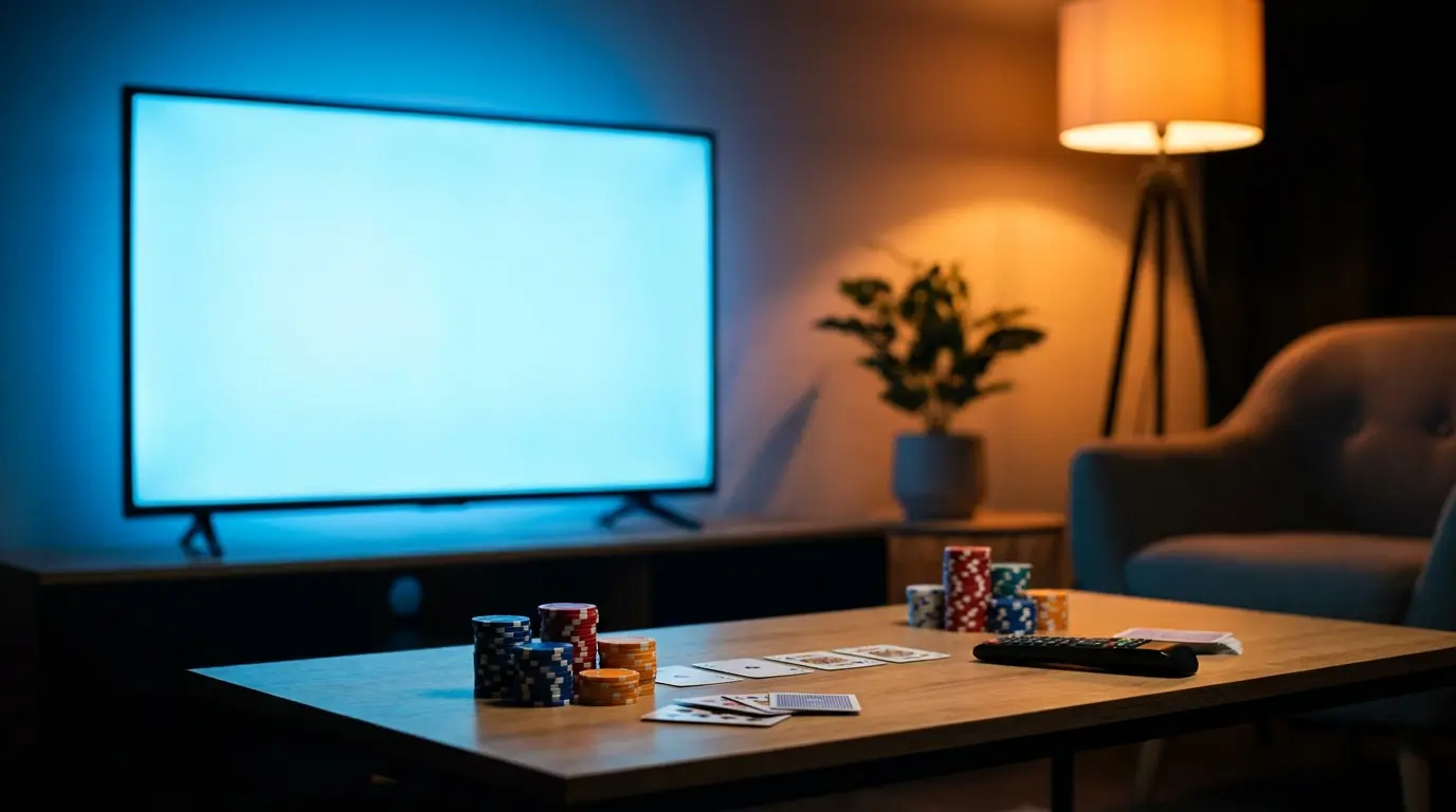 Chip da poker e carte davanti a una TV accesa in atmosfera serale