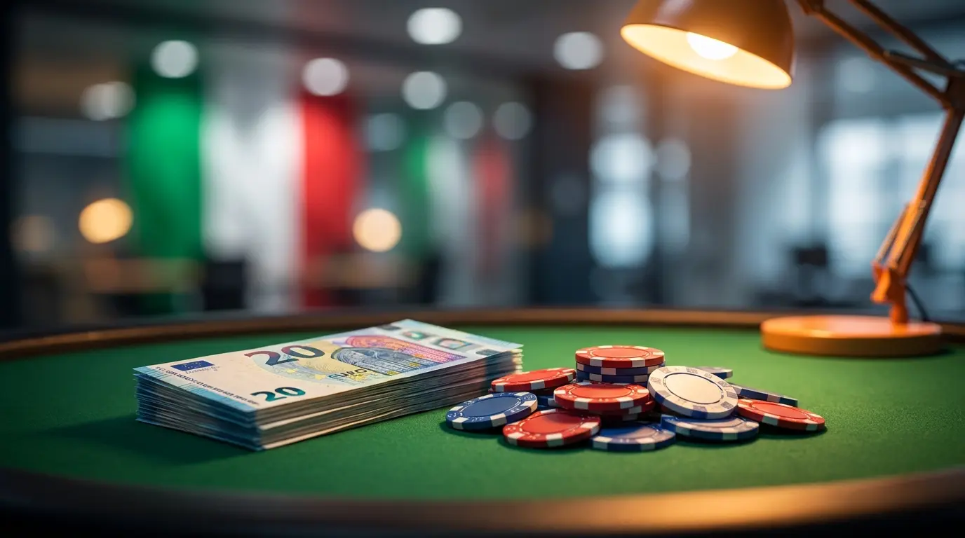 Banconote da venti euro e fiches da poker su tavolo verde