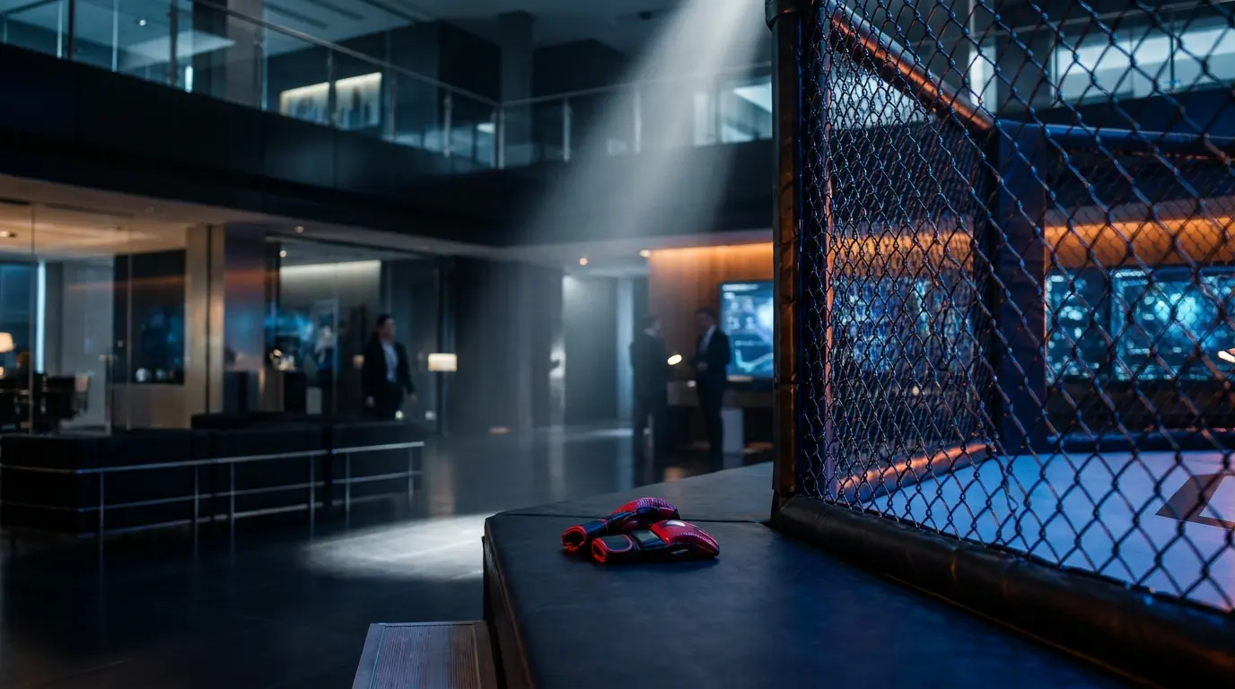 Gabbia ottagono UFC con guantoni MMA in primo piano