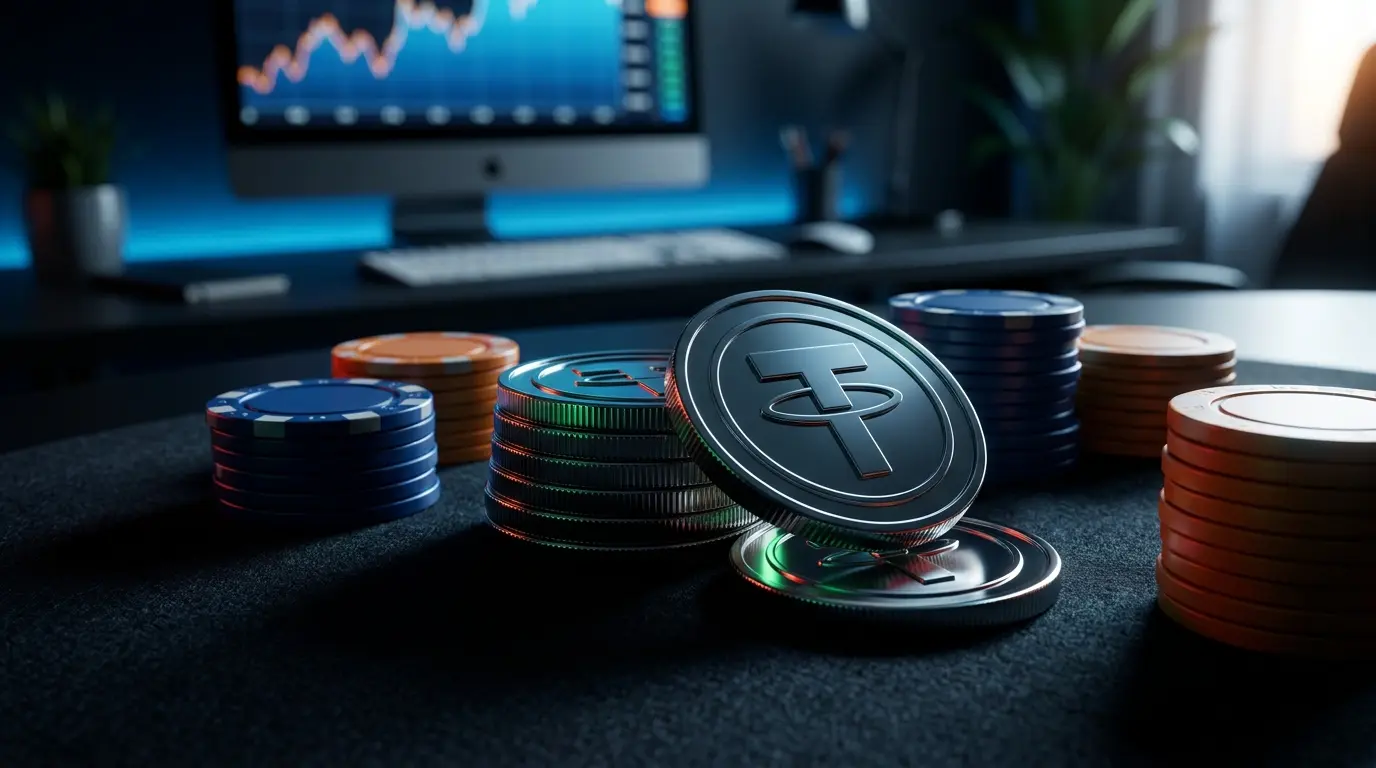 Monete USDT e fiches da casinò con colori italiani