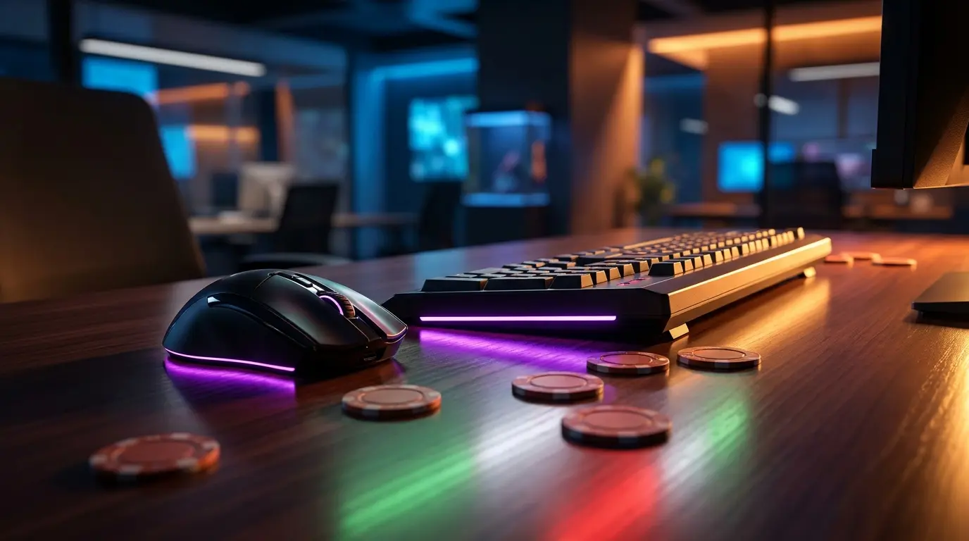 Mouse da gaming con illuminazione neon e chip da poker