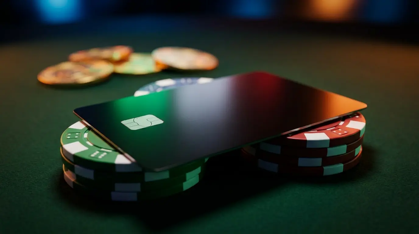 Carta di credito con fiches da poker su tavolo da casinò